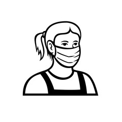 Caucasian Teenage Girl Wearing Face Mask Front View Retro Black and White