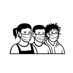 Children of Different Race and Ethnicity Wearing Face Mask Retro Black and White