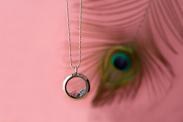 Silver necklace for her shining on feather. Luxury silver jewelry chains with glass and crystals....