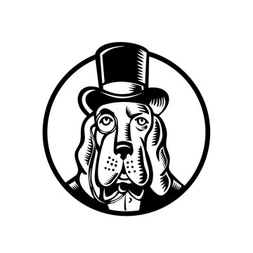 Basset Hound Wearing Monocle and Top Hat Circle Black and White