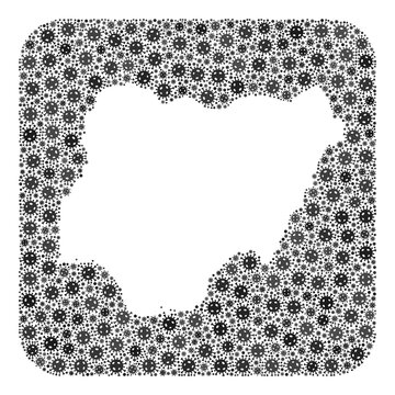 Covid Map Of Nigeria Mosaic Designed With Rounded Square And Cut Out Shape. Vector Map Of Nigeria Mosaic Of Covid-2019 Particles In Variable Sizes And Gray Color Hues. Designed For Medicine Agitprop.