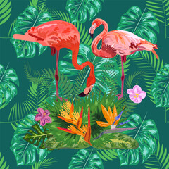 Trendy seamless pattern pink flamingo birds couple. Bright camelia flowers. Tropical monstera green leaves.