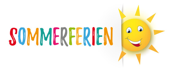 Sommerferien Banner mit der lustigen Sonne auf einem weissen Hintergrund
