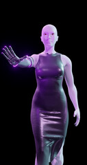 3d rendering. A woman mannequin in blue and pink neon lighting with a biomechanical arm reaches forward. Isolated background. Bionic prosthesis with neonous decorative inserts