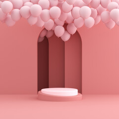 Abstract geometry mock up of podium with balloons in minimal style. 3D rendering.