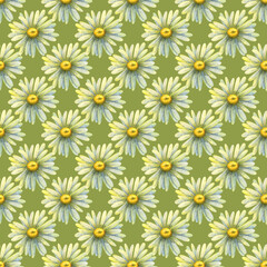 Wild daisies. Seamless pattern with a watercolor illustration of flowers on a green background. Floral summer ornament. Stock print for fabric, textiles, paper and any type of design