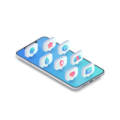 Social Media Mobile Apps Isometric Concept. 3d Chat, New Message, email, user, like heart, map pointer symbol in speech bubble on smartphone screen. Vector illustration for web, app, infographics
