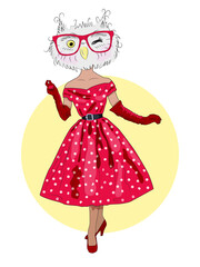cute owl hipster girl, furry art illustration, fashion animals