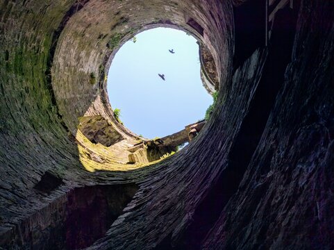 Aerial view of birds in sky as seen from the ruins of a stone castle turret looking up