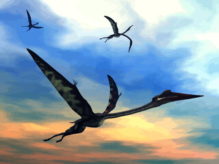 Three quetzalcoatlus flying together by sunset