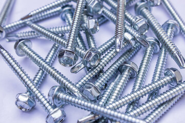 Stainless wood screws and bolts on white background close up macro, as background