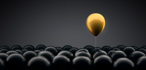 Golden Balloon over a Group of black Balloons - 3D illustration