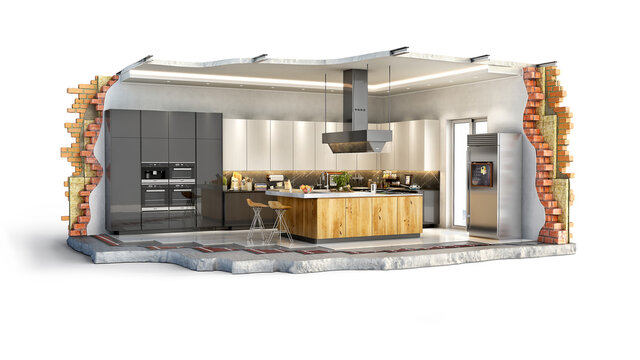 Ripped out from interior part of kitchen, 3d illustration