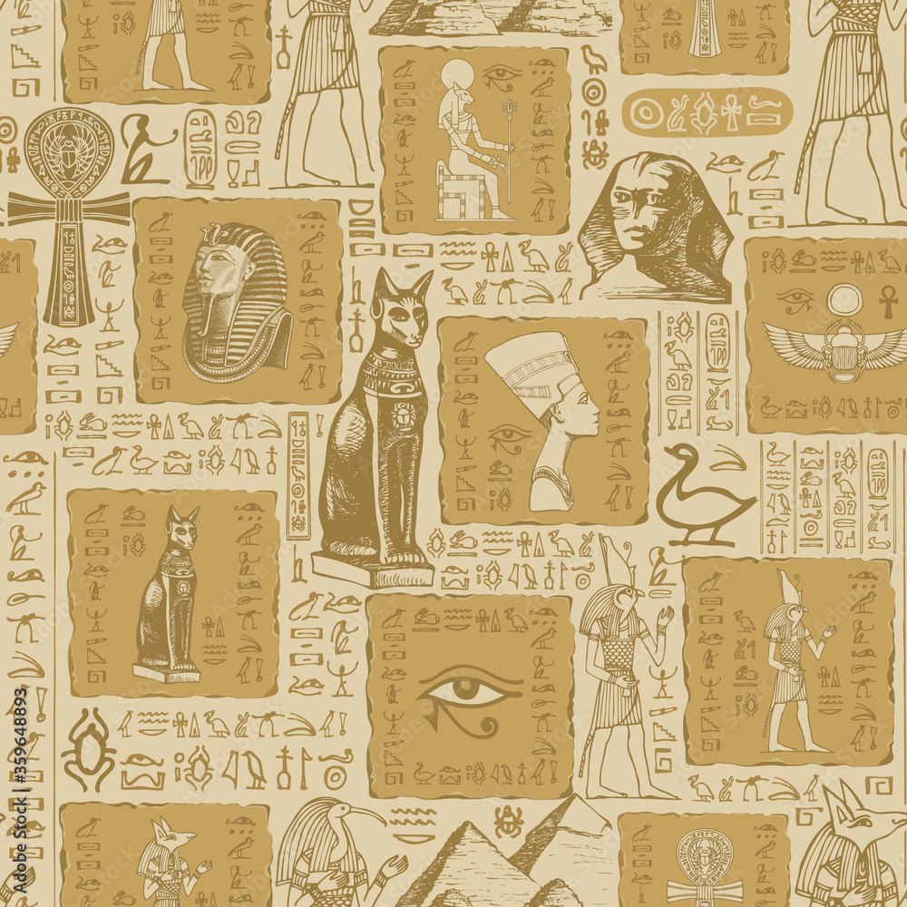 Aufkleber seamless pattern on the theme of ancient egypt with sketches and scribbles. hieroglyphs are randomly