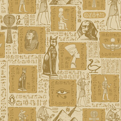 Seamless pattern on the theme of Ancient Egypt with sketches and scribbles. Hieroglyphs are randomly selected and do not make sense. Vector abstract background. Wallpaper, wrapping paper, fabric