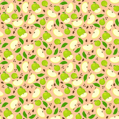 Seamless pattern with apples, slices, leaves and seeds. Pink wallpaper, background for packaging, fabrics, or other.
