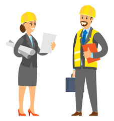 People working together vector, manager boos and employee person wearing helmet and reading plan of construction, scheme and case with instruments