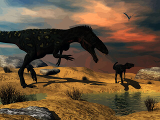 Two masiakasaurus knopfleri dinosaurs looking for water in the desert