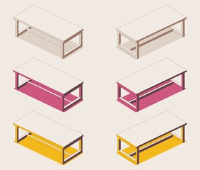 Isometric full color outline table in pink and yellow with shadow