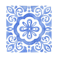 Watercolor blue ornament in ethnic style. Bright floral composition. Tile design.