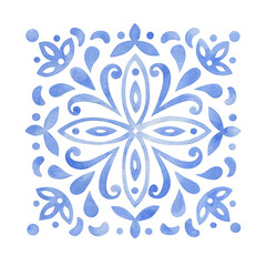 Watercolor blue ornament in ethnic style. Bright floral composition. Tile design.