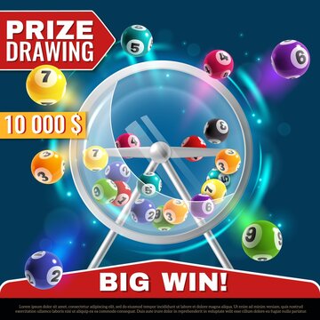 Lottery machine. Wheel drum with lotto balls inside, lucky instant win, internet leisure, realistic vector gambling poster