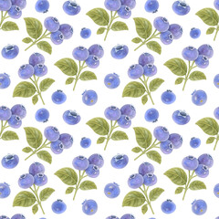 Watercolor seamless pattern with blueberries and leaves on the light background. Bright berry watercolor illustration.