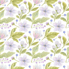 Watercolor seamless pattern with flowers, buds and leaves on the light background. Bright watercolor illustration.