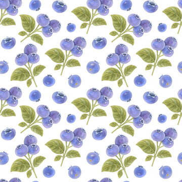 Watercolor seamless pattern with blueberries and leaves on the light background. Bright berry watercolor illustration.