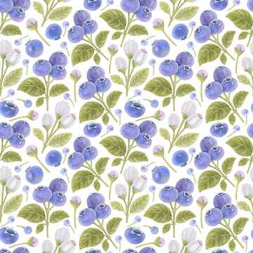 Watercolor seamless pattern with flowers, blueberries and leaves on the light background. Bright berry watercolor illustration.