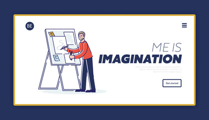 Landing page for imagination website with creative man painting and drawing