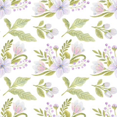Watercolor seamless pattern with flowers, buds and leaves on the light background. Bright watercolor illustration.