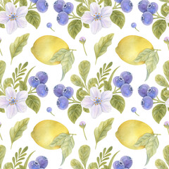 Watercolor seamless pattern with lemons, blueberries and leaves on the light background. Bright watercolor illustration.
