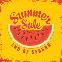 Summer sale illustration with bitten piece of watermelon. Vector promotional banner with juicy watermelon and words Summer sale, end of season in retro style. Suitable for poster, flyer, invitation