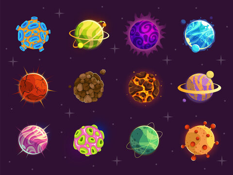 Fantasy cartoon planets. Different colorful planets on space background, astronomy objects stickers. Game fantastic world cartoon vector set