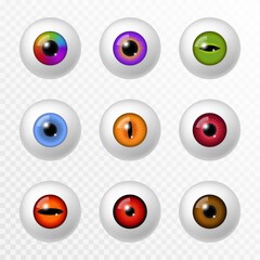 Human and animal eye. Different color eyeball and lenses, various round iris retina and pupils. Optical lens, ophthalmology 3d vector set