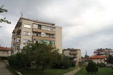 Fototapeta na wymiar district estate city blocks windows postcomunism balconies