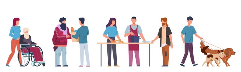 Fototapeta premium People volunteer. Volunteering and supporting people, social workers help elderly and sick people walk, ride wheelchair vector set