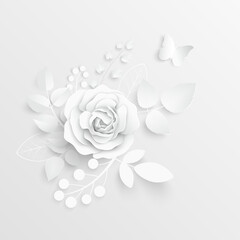 Paper flower. White roses cut from paper. Vector illustration.