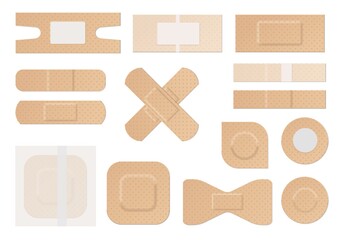 Medical plaster. Realistic water resistant perforated medical plasters, first aid plastic adhesive tape round rectangular forms vector set
