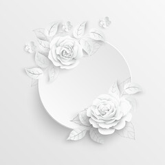 White rose. Round frame with abstract cut flowers. Vector illustration.