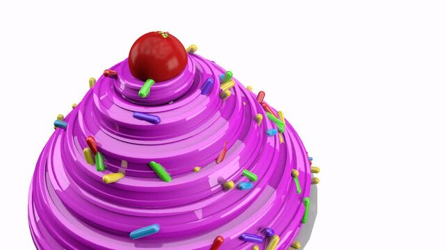 Pink cupcake with  colored confetti. close-up. 3D animation.