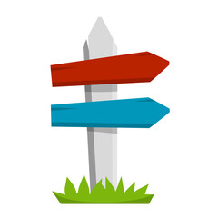 Path pointer with red plate. Route information Index. Cartoon flat illustration. Green grass. Direction way. Turn right. Element of road