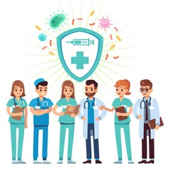 Doctors set. Medical staff standing in uniform on the background of a shield with bacteria and viruses. Team doctor professional hospital. Cartoon flat vector illlustration