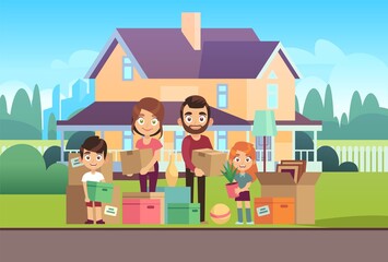 Fototapeta na wymiar Family house. Moving to new apartment happy young parents father mother son daughter kids outdoors front home building lifes vector illustration