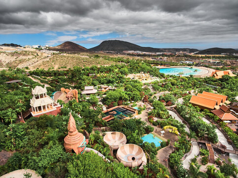 Siam Park aerial view. Water park in Costa Adeje, Tenerife, Canary Islands. Spectacular must see water attraction in Spain, Europe.