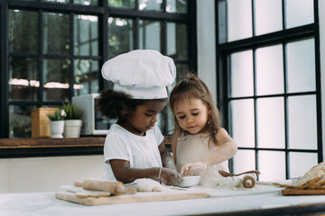 Diverse group of African American and Caucasian girls prepare the dough and bake cookies in the...