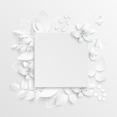 White rose. Square frame with abstract cut flowers. Vector illustration.