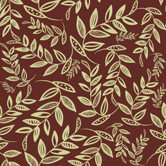 seamless pattern with outline branch with leaves on brown background. Botany print. Linen, packaging, stationery, wallpaper, textile, fabric design