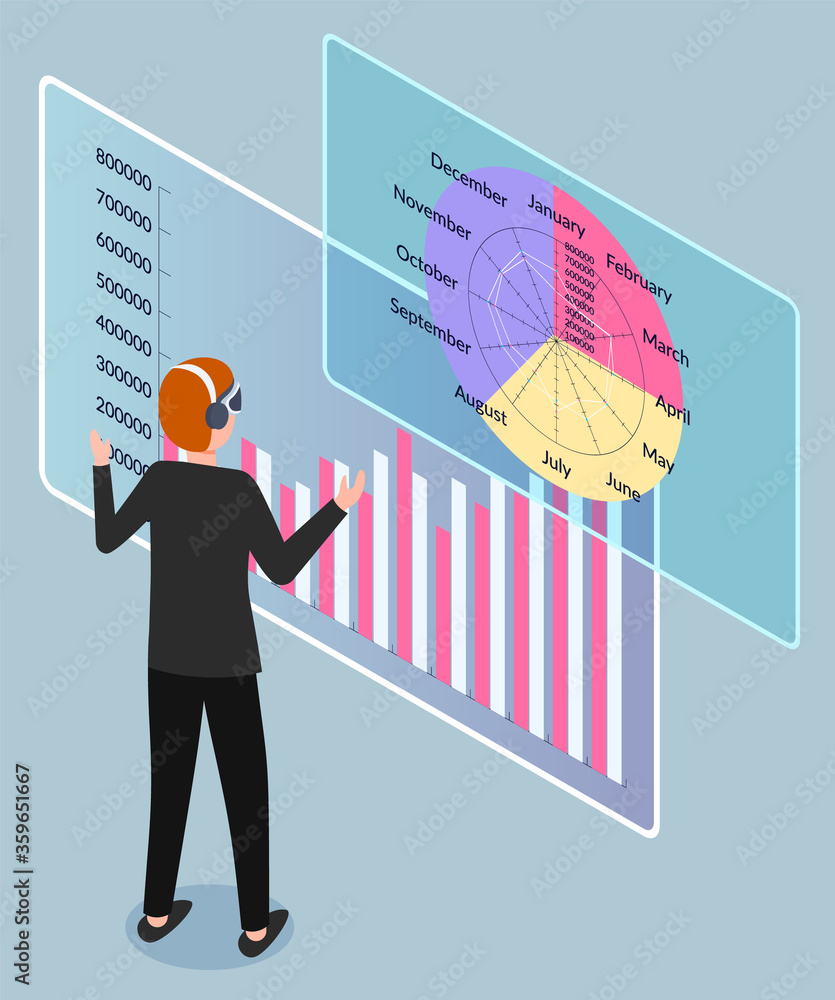 Poster man stand near infographics and explore it. businessman or manager look at annual report and talk wi